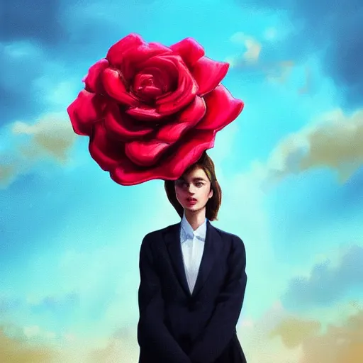 Image similar to closeup, giant rose flower head, frontal, girl in a suit, surreal photography, sunrise, blue sky, dramatic light, impressionist painting, digital painting, artstation, simon stalenhag