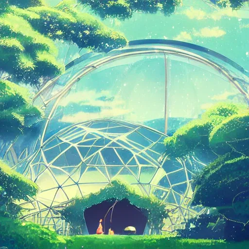 Image similar to geodesic dome in front of a lake with gardens and waterfall gapmoe kuudere moody lighting stunning bokeh highlights sharp contrast trending pixiv fanbox by victo ngai makoto shinkai takashi takeuchi studio ghibli