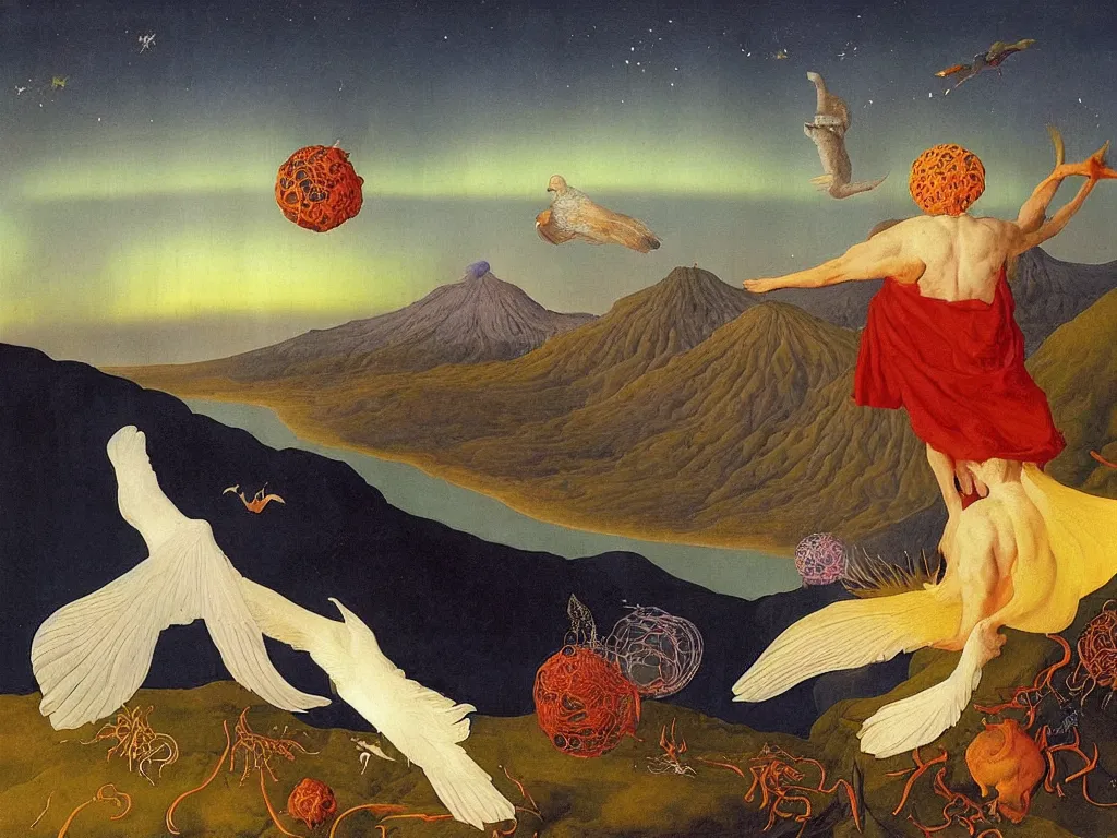 Image similar to albino mystic, with his back turned, looking at the Aurora over over the volcano in the distance, with beautiful exotic hoopoe, jellyfish. Painting by Jan van Eyck, Audubon, Rene Magritte, Agnes Pelton, Max Ernst, Walton Ford