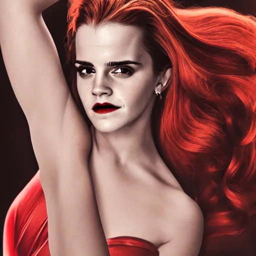 Prompt: Emma Watson as Jessica Rabbit, (Sony a7R IV, symmetric balance, polarizing filter, dynamic range, HDR, deep colors, staggered depth)