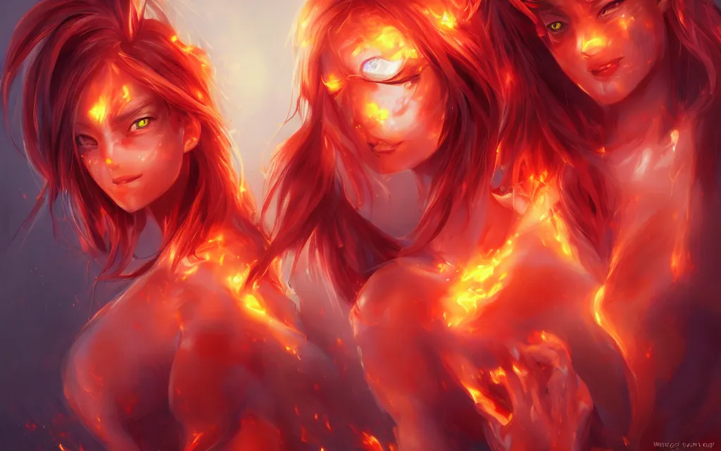 Image similar to A realistic anime portrait of a beautiful fire spirit twins with glowing red eyes and firey skin wearing clothes made of flames, digital painting, by Stanley Artgerm Lau, Sakimichan, WLOP and Rossdraws, digtial painting, trending on ArtStation, SFW version