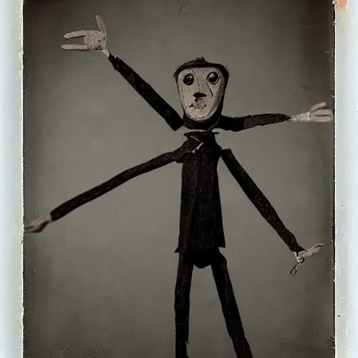 Prompt: alive, creepy marionette puppet, leaping towards viewer, horrific, unnerving, clockwork horror, pediophobia, lost photograph, dark, forgotten, final photo found before disaster, polaroid,