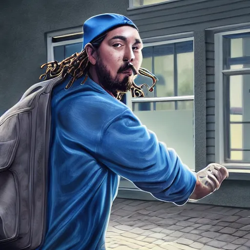 Image similar to a closeup photorealistic illustration of post malone delivering mail as american mail carrier with blue bag. fine detail. this 4 k hd image is trending on artstation, featured on behance, well - rendered, extra crisp, features intricate detail, epic composition and the style of unreal engine.