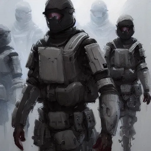 Image similar to concept art by greg rutkowski, soldiers wearing futuristic white and black tactical gear, preparing for combat, brutalist futuristic interior, dim lighting, detailed portraits, nostalgic atmosphere, scifi, digital painting, artstation, concept art, smooth, sharp foccus ilustration, artstation hq