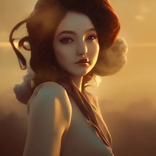 Prompt: beautiful girl in full gown blowing clouds, portrait character concept style trending on artstation concept art detailed octane render cinematic photo - realistic 8 k high detailed