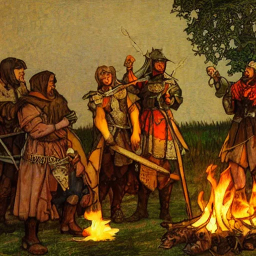 Image similar to a painting of medieval knights toasting marshmallows around the campfire in the style of howard pyle, arthur rackham, alphonse mucha. volumetric lighting. 8 k resolution. best detail. trending on artstation trending on deviantart