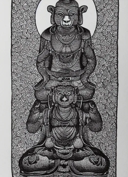 Image similar to detailed pen and ink illustration of a Buddhist bodhisattva with a bears head, anthropomorphic, all drawn with micron, seated in royal ease, 0.2 black micron pen on white paper, highly detailed, fine pen work, white background, in the style of Olivia Kemp