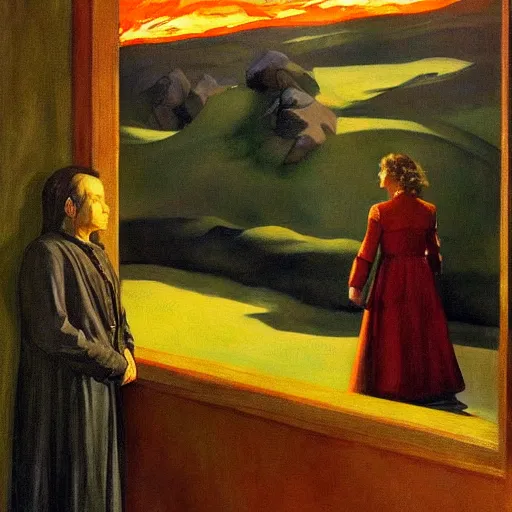 Prompt: the fellowship of the ring movie poster painted by edward hopper