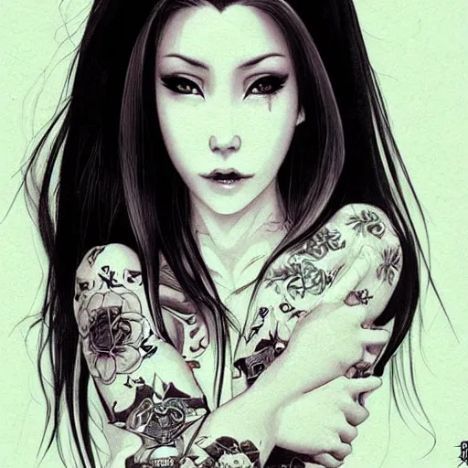 Image similar to tattoo design, stencil, beautiful young female, long dark hair, symmetrical facial features, Japanese, partially clothed in robe, by William-Adolphe Bouguerea and artgerm