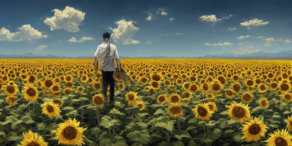 Image similar to Hyper realistic oil painting of an endless sunflower field, high contrast, blue skies, cinematic, by greg rutkowski
