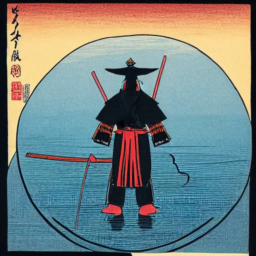 Image similar to Samurai standing in the middle of the lake with a big sun above him and clody sky, single color, Woodblock print, clean ink detailed line drawing