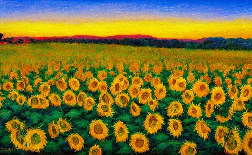 Prompt: impressionist painting of a large field of sunflowers with grassy hills in the distance at sunset