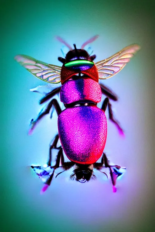 Prompt: high quality macro photo holographic neo-surreal fly! jeweled gorgeous! highly detailed digital art david ligare elson peter cinematic pink neon lighting high quality low angle hd 8k sharp shallow depth of field