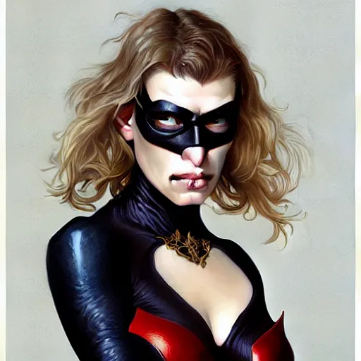 Image similar to Mila Jovovich with blonde hair as Bat Woman, western, D&D, fantasy, intricate, elegant, highly detailed, digital painting, artstation, concept art, matte, sharp focus, illustration, art by Artgerm and Greg Rutkowski and Alphonse Mucha