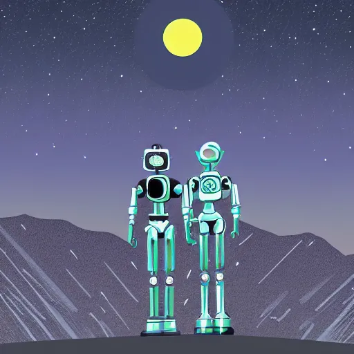 Prompt: illustration of two robots holding hands on a summit, standing, looking out toward a full moon on a starry night, beautiful, in the style of hirohiko araki