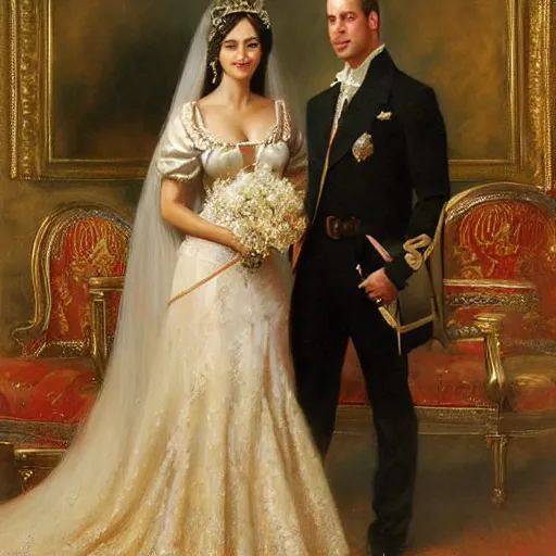 Image similar to detailed painting of prince william marrying attractive kim kardashian, highly detailed painting by gaston bussiere, craig mullins, j. c. leyendecker 8 k, smiling couple, royal painting