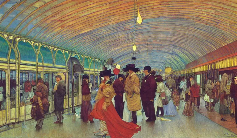 Image similar to A disco train station, by Moebius, Renoir, Mucha