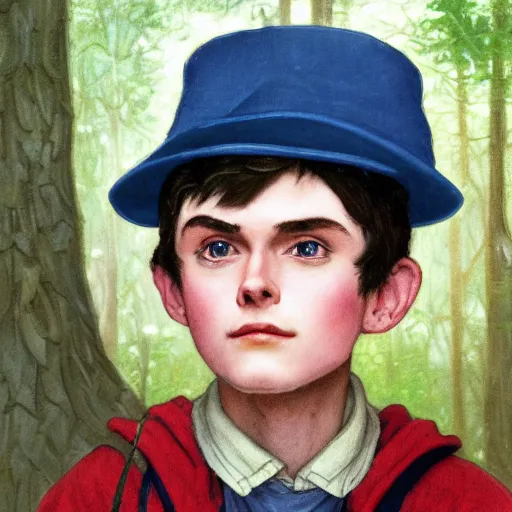 Image similar to super close up portrait of wirt from over the garden wall. a 1 6 years old gloomy awkward boy with big brown eyes and shaggy brown hair wearing a red dunce hat and a blue navy cape, standing in the forest, norman rockwell, bouguereau