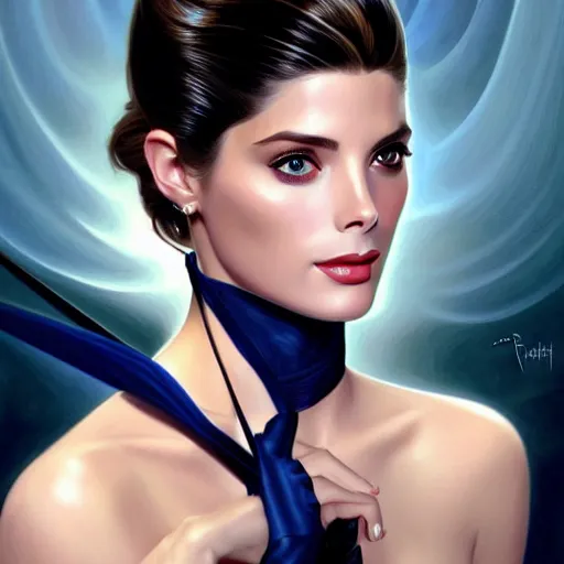 Image similar to Ashley Greene's face combined with Grace Kelly's face with short dark blue hair in elegant knight's armor, western, D&D, fantasy, intricate, elegant, highly detailed, digital painting, artstation, concept art, matte, sharp focus, illustration, art by Artgerm and Greg Rutkowski and Alphonse Mucha