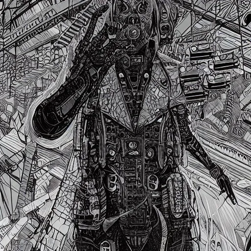 Prompt: cannabis, scifi, post-apocalyptic, grim, cyberpunk, detailed linework, colourful tones, cinematic, psychedelic, black paper, tarot card, highly detailed, ink illustration, manga by tsutomu nihei, manga style, artstation, 8k