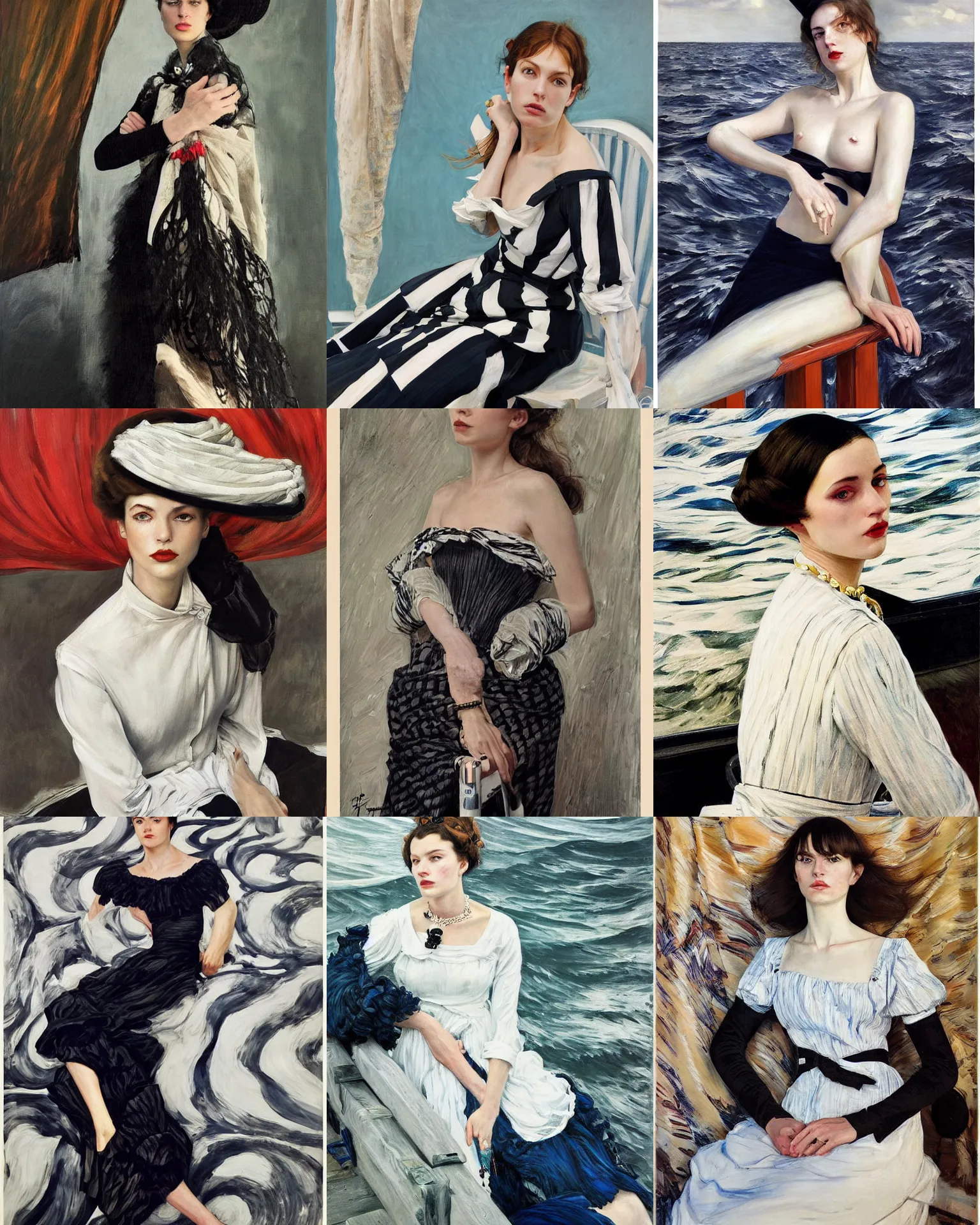 Prompt: a highly - detailed modern dark nautical full - length portrait painting. james tissot, vogue magazine, zinaida serebriakova, edward hopper, annie leibovitz. a modern!!!!! 2 0 1 0 s vogue fashion photography portrait, studio photography portrait, simple background, fully - clothed!!!.