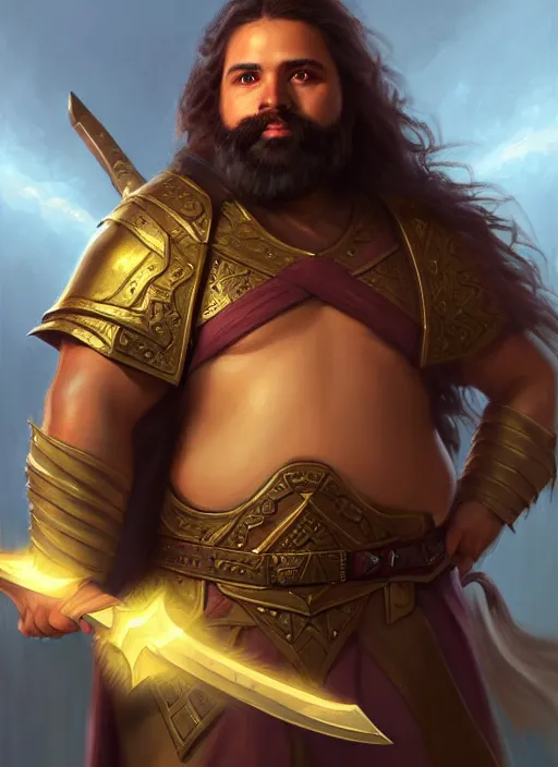 Image similar to a _ fantasy _ style _ portrait _ painting _ of esfandtv light brown male holy paladin with long wavy brown hair chubby and beard, hammer weapon, rpg dnd oil _ painting _ unreal _ 5 _ daz. _ rpg _ portrait _ extremely _ detailed _ artgerm _ greg _ rutkowski _ greg