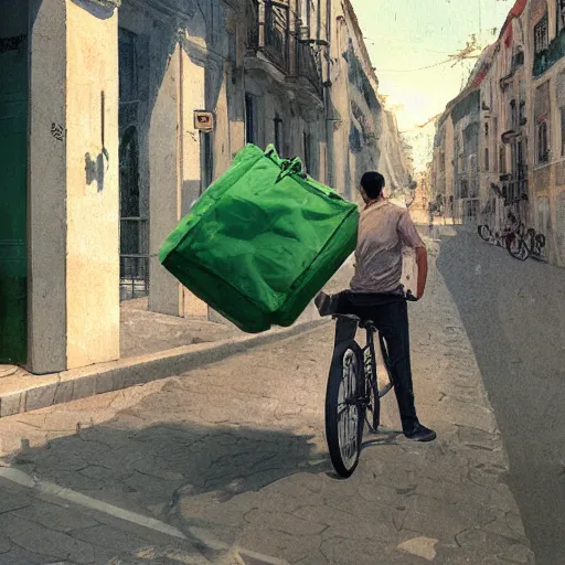 Image similar to a food delivery guy on his bicycle wearing a big green bag at the streets of Lisbon, art by Greg Rutkowski