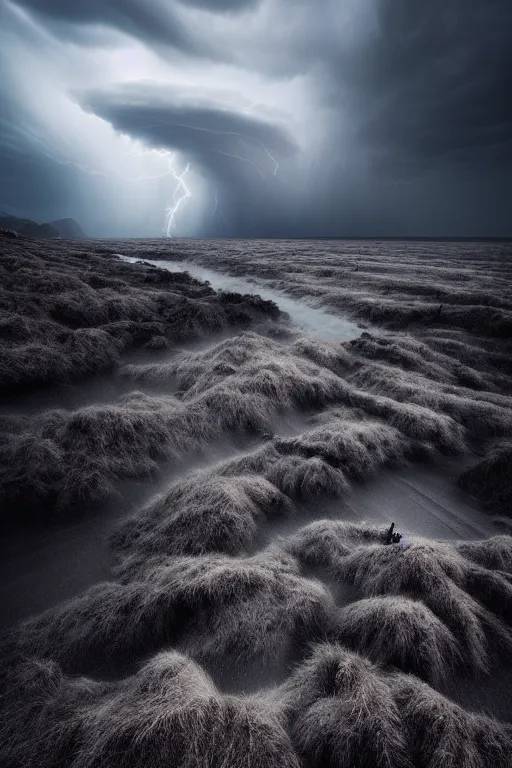 Image similar to a stunning landscape by daniel kordan, stormy weather, extreme detail photo quality, dark moody colors, featured on behance