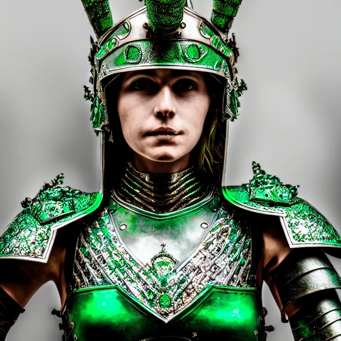 Image similar to photo of a beautiful warrior queen wearing emerald encrusted armour, highly detailed, 4 k, hdr, smooth, sharp focus, high resolution, award - winning photo