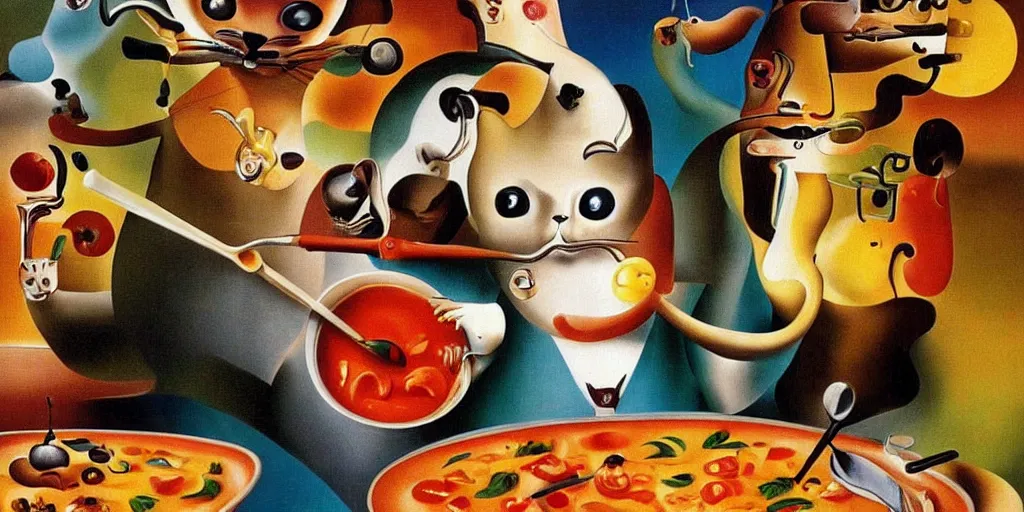 Image similar to anthropomorphic cats chef cooking a delicious colorful soup on TV show, by Salvador Dali