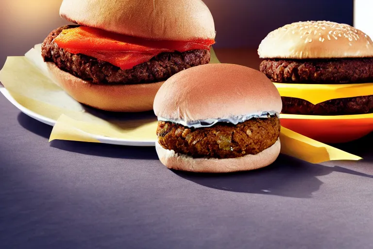 Image similar to mcdonalds bean burger in center of shot, commercial photograph
