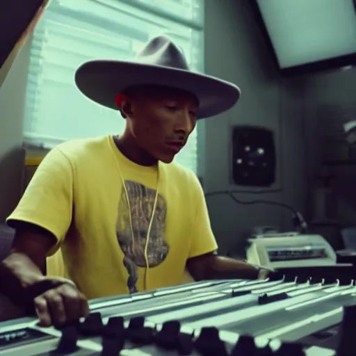 Image similar to cinematic film still of Pharrell Williams Making A Beat with an anthropomorphic alien, Japanese VFX, 2018, 400mm lens, f1.8, shallow depth of field,film photography