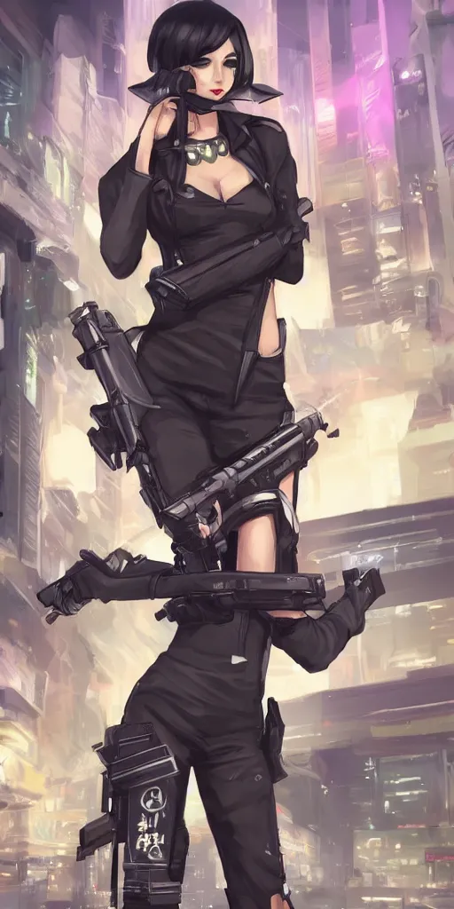 Image similar to fullbody portrait of a beautiful girl dressed in cyberpunk style, standing on street, holding a sniper rifle. by riot games, anime style, masterpiece, award - winning, trending on artstation and pixiv