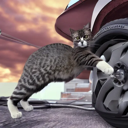 Prompt: powerful cat lifts and smashes cars, high definition movie, photorealistic detail, futuristic production, adventure movie, 8 k