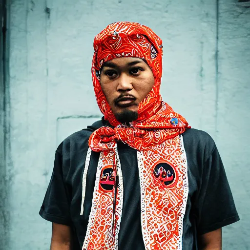 Image similar to crips gang member with batik bandana and parang rusak logo in their hood - realistic - photorealistic - hd - trending hood photos of the year - ilustrator - detailed