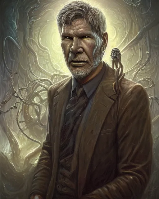 Image similar to lovecraft biopunk portrait of harrison ford by tomasz alen kopera and peter mohrbacher.