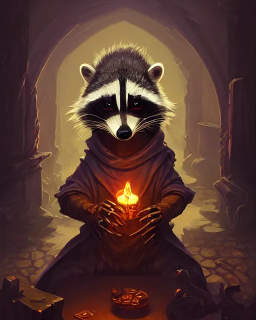 Prompt: anthropomorphic hooded necromancer raccoon casting a spell in a dungeon, deep focus, d & d, fantasy, intricate, elegant, highly detailed, digital painting, artstation, concept art, matte, sharp focus, illustration, hearthstone, art by artgerm and greg rutkowski and alphonse mucha