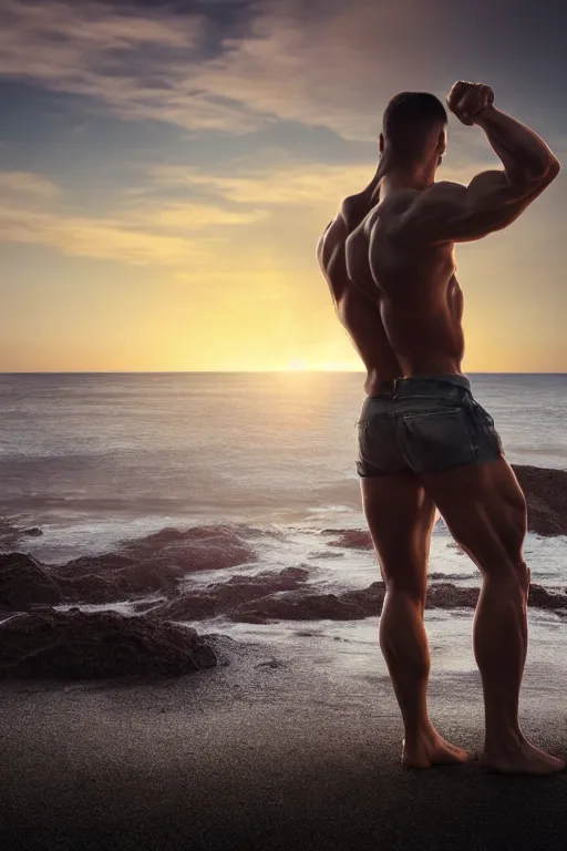 Image similar to a very muscular and defined man wearing ripped pants and shirt looking to the sea at sunset, godrays, complementary colors, natural lighting, portait image, path tracing, serene landscape, high quality, highly detailed, 8K, soft colors, warm colors, turbulent sea, high coherence, anatomically correct, hyperrealistic, concept art, defined face, five fingers, front view