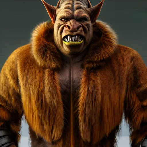 Image similar to A full body shot of a handsome orc looking into the camera wearing a fur jacket and boots, full body shot, artstation, realistic, highly detailed, symmetrical, hyper realism, high detail, octane render, unreal engine, 8k, fantasy art, highly detailed, concept art