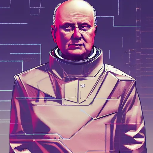 Image similar to cyberpunk mikhail gorbachev as the leader of a futuristic communist nation, cybernetics, sharp lines, digital, artstation, colored in