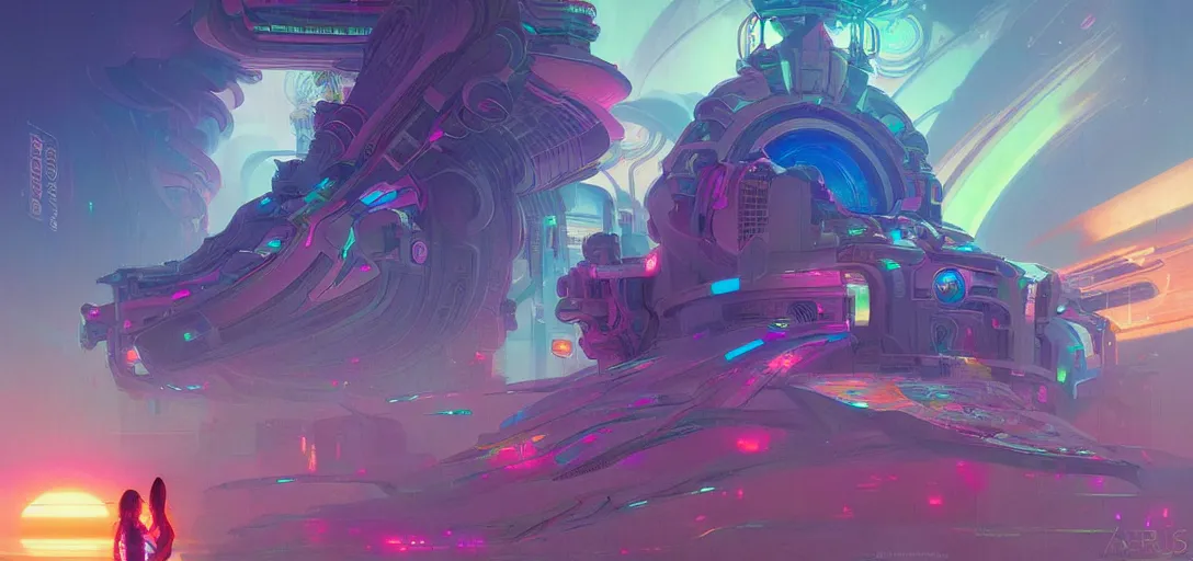 Image similar to a cybernetic temple, vaporwave aesthetic, colorful, psychedelic, digital painting, artstation, concept art, smooth, sharp focus, illustration, art by artgerm and greg rutkowski and alphonse mucha