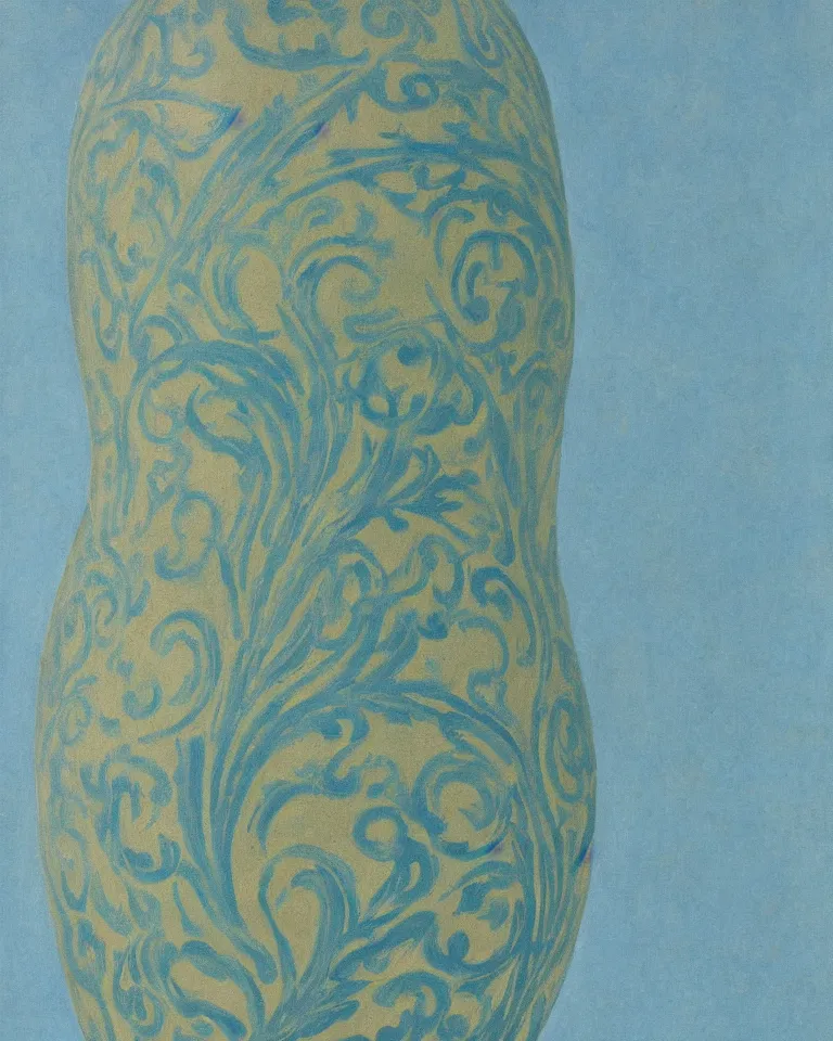 Prompt: achingly beautiful close up print of one painted ancient greek vase on baby blue background by rene magritte, monet, and turner. symmetrical, shaded.