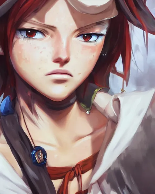 Prompt: portrait One Piece pirate girl cute-fine-face, pretty face, realistic shaded Perfect face, fine details. Anime. realistic shaded lighting by Ilya Kuvshinov Giuseppe Dangelico Pino and Michael Garmash and Rob Rey, IAMAG premiere, aaaa achievement collection, elegant freckles, fabulous