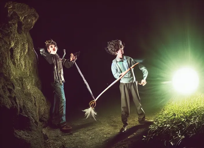 Image similar to a young adult wizard with very detailed face, hair clothes and shoes holds their wand fiercely in their hand from which a blast of bright magic flies from the end of the wand, on an empty moonlit hill, dramatic lighting, lens flare, 3 5 mm full frame professional photography, kodachrome