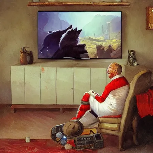 Image similar to a humanoid german shepherd beast - man, sitting and watching a soccer match in his house on television, he has hurt his knee and is a dad, by erin hanson, alexi zaitsev, karl spitzweg, award winning, tv set