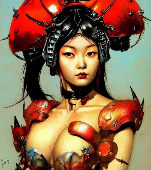 Prompt: portrait of strong korean female chaos angel, beautiful! coherent! by frank frazetta, by brom, strong line, vivid neon color, spiked scrap metal armor, iron helm, high contrast, maximalist