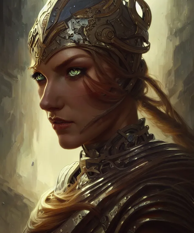 Image similar to Muscular and powerful medieval knight woman portrait, sci-fi, amber eyes, face, long hair, fantasy, intricate, elegant, highly detailed, digital painting, artstation, concept art, smooth, sharp focus, illustration, art by artgerm and greg rutkowski and alphonse mucha