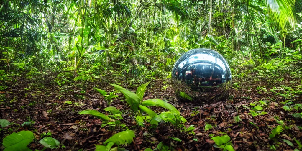 Image similar to photo of a chrome blob deep in tropical jungle, sharp wide shot