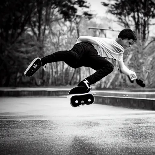 Prompt: teenager kick-flipping a skateboard over a puddle, XF IQ4, 150MP, 50mm, f/1.4, ISO 200, 1/160s, natural light, Adobe Photoshop, Adobe Lightroom, DxO Photolab, Corel PaintShop Pro, rule of thirds, symmetrical balance, depth layering, polarizing filter, Sense of Depth, AI enhanced