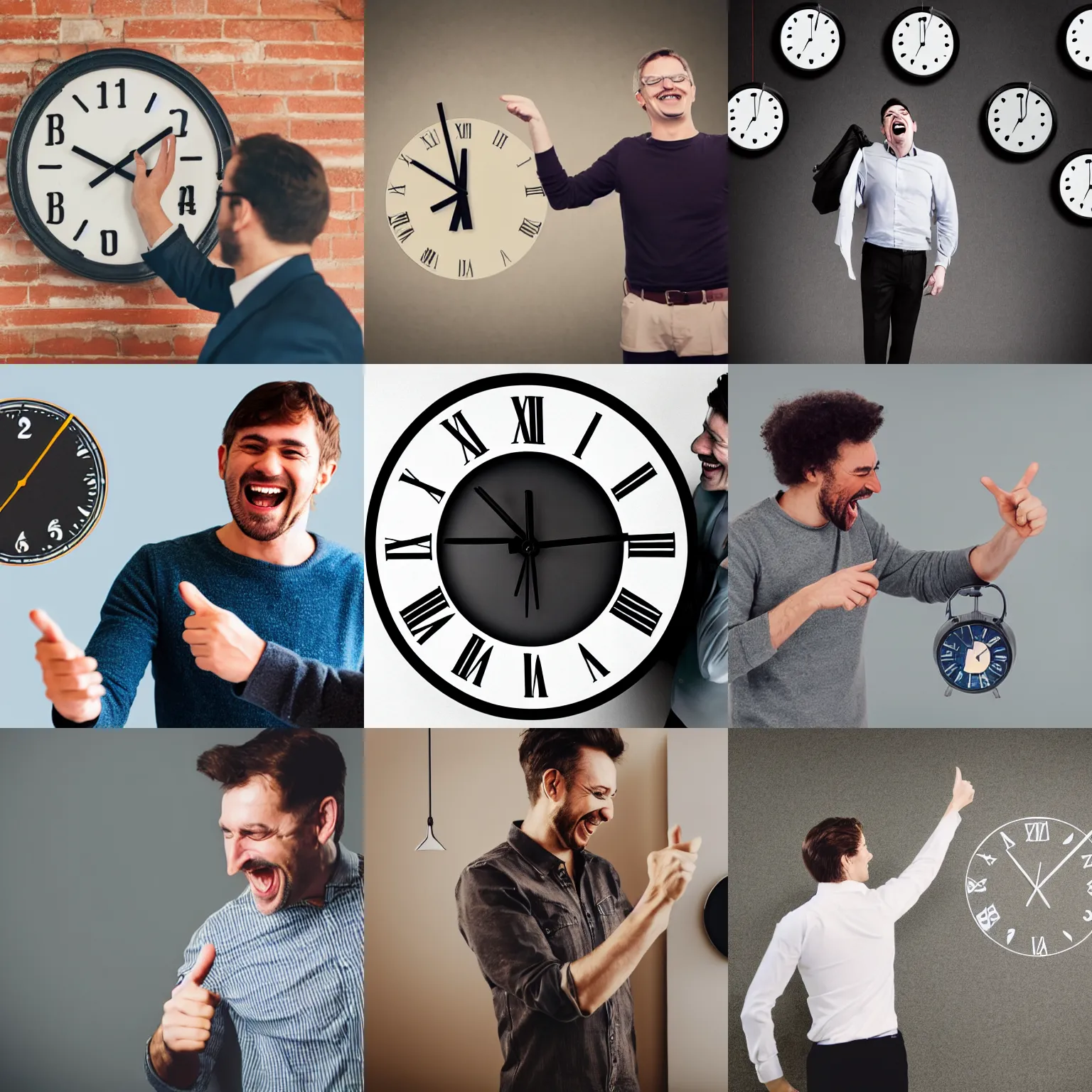 Prompt: a man pointing and laughing at a clock